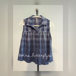 Free People Blue Hey There Sunrise Knit Ombre Plaid Flannel Shirt